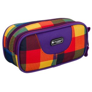 Kockás poliészter iskolai tolltartó, kétrekeszes, cipzárral zárható - Peterson 141675003 - Peterson