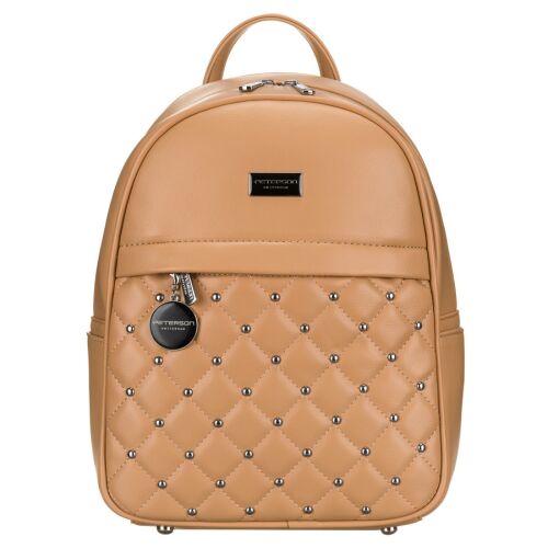 Mały pikowany beżowy plecak damski zdobiony srebrnymi nitami i modnym brelokiem eko skóra Peterson 141710871