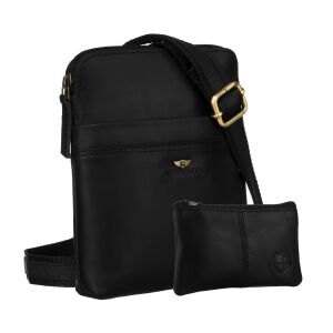 Fekete, praktikus férfi bőr válltáska természetes bőrből, külső zsebekkel és tokkal a készletben - Peterson