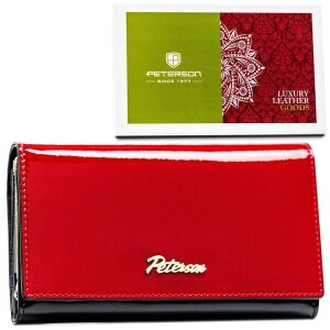Modny portfel damski ze skóry naturalnej w czerwono-czarnym kolorze zamykany na zatrzask i bigiel - Peterson 141921550 - Peterson