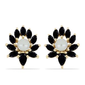 Arannyal Bevont Ezüst Fülbevaló "Tahiti-zöld" illúzió édesvízi Kagylógyönggyel és Fekete Onixszal, Y61618 141858868 - Női ékszer