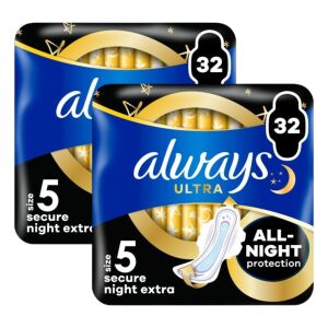 Always Ultra Secure Night Extra Veličina 5 Higijenski ulošci, 2 pakiranja po 32 komada - Always