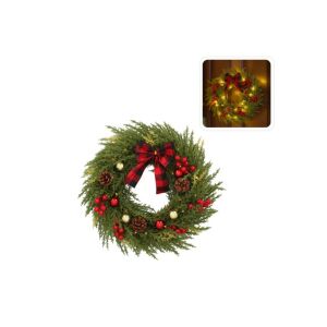 LED-es karácsonyi koszorú 40 cm dekorációval és kockás masnival - elemes működésű 141895560 - Ajtódísz