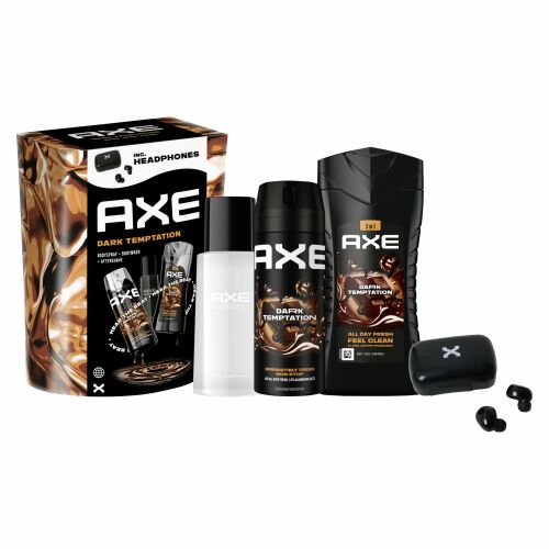 Axe Dark Temptation ajándékcsomag aftershave-vel, tusfürdővel, dezodorral és vezeték nélküli fülhallgatóval