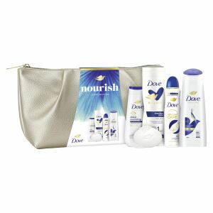 Dove Nourish Gift Set contents: body wash, lotion, deodorant, shampoo, soap and toiletry bag. - Dove