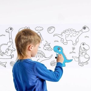 Rola autocolanta cu desene de colorat, model dinozauri, hartie, decupare si lipire, 30x300 cm