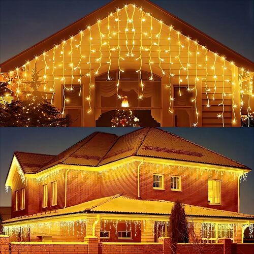 600 LED-es meleg fehér karácsonyi jégcsap fényfüzér házat díszítve