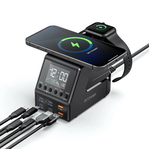 BlitzWolf® BW-FWC10 – 240W-Desktop-Schnellladegerät und Wecker, 6 USB-Ladeanschlüsse (Typ C und USB-A) + kabelloses Laden 141951067