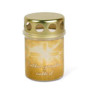 BEWELLO műanyag temetői mécses arany fedővel és 'Emléked Szívünkben Örökké Él' felirattal - Mécses