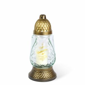 BEWELLO temetői mécses 'Emlékünkben élsz' felirattal, üveg és műanyag, arany antik kupak - Mécses