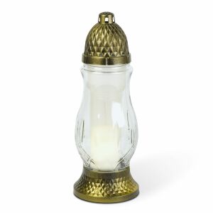 BEWELLO fehér üveg temetői mécses fekete és arany antik műanyag kupakkal, 28 cm - Mécses