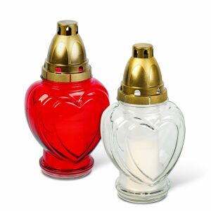 BEWELLO szív alakú temetői mécses, piros és fehér üveg, arany műanyag fedéllel - Mécses