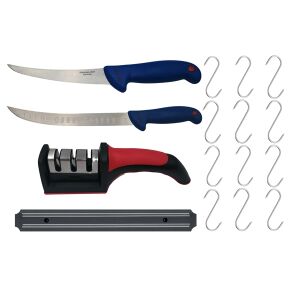 DEPOX® henteskészlet, filéző, szakácskés, fenő, mágneses tartó és 12 henteskampó, rozsdamentes acél 141964256 - Konyha & Étkezés