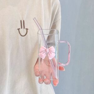 Pahar dreptunghiular, din sticlă borosilicată, cu capac etnaș, pai reutilizabil și fundiță roz, 320 ml, eCarla, SZK87 141964998 - Pahare cu paie