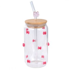Borosilikatglasbecher mit Bambusdeckel, Strohhalm und Schleifen, 460 ml, eCarla, SZK135 141965006 - Gläser