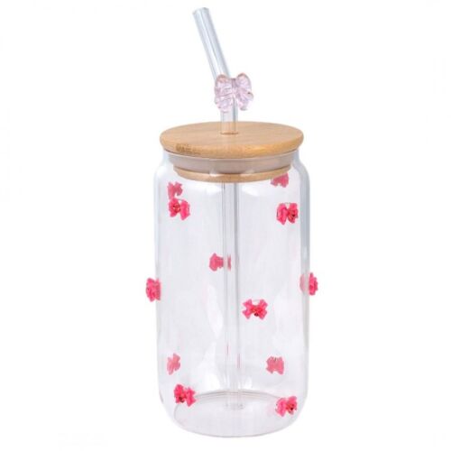 Borosilikatglasbecher mit Bambusdeckel, Strohhalm und Schleifen, 460 ml, eCarla, SZK135 141965006