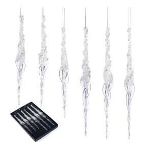 6 darabos üveg jégcsap karácsonyfadísz szett csillámmal, 20/25 cm, átlátszó - Karácsonyfadísz