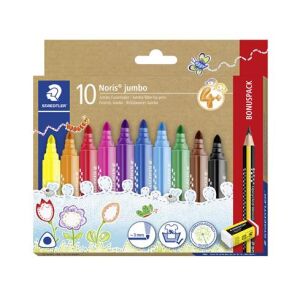 Filctoll készlet, grafitceruzával, radírral, 3 mm, háromszögletű, STAEDTLER "Noris® jumbo 328", 10+1 különböző szín 142047105 - Filctoll