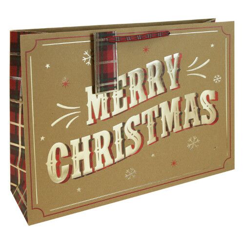 Clairefontaine Eurowrap Merry Christmas kraft ajándéktasak kockás fogantyúkkal, 12,7x35,5 cm - Ajándéktasak