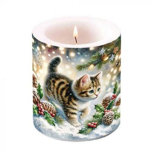 Karácsonyi cicás átvilágítós gyertya - 8x7,5 cm - Cute cat in the snow