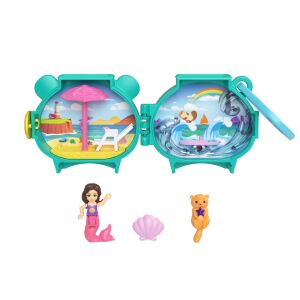 Polly Pocket HKV48 játékszett sellő babával, kagylóval és macska figurával, nyitott állapotban strand és óceán jelenetekkel - Mattel