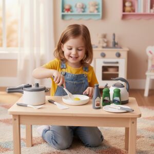 Kleines Mädchen spielt mit Kruzzel Spielküchenset - Kruzzel