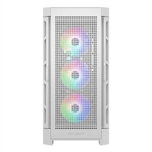 Elölnézet a Cougar Airface Pro fehér ATX középtorony házról, hálós kialakítással és RGB ventilátorokkal. - Számítógépház