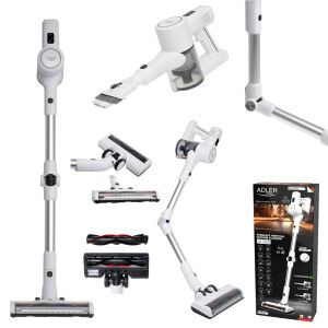 Kollázs az Adler AD 7060 vezeték nélküli állóporszívó jellemzőiről és tartozékairól - Adler