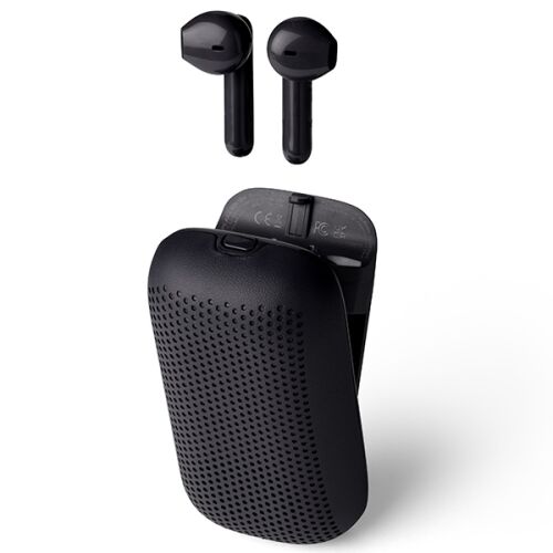 Lexon Speakerbuds Black töltőtokkal, nyitva - Lexon