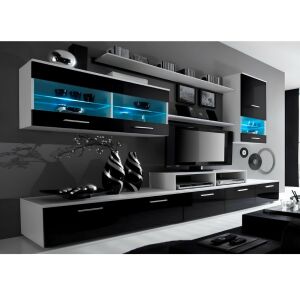 Nappali sor LED világítással, fehér/fekete- extra magas fényű HG, LEO 142135819 - Nappali garnitúra