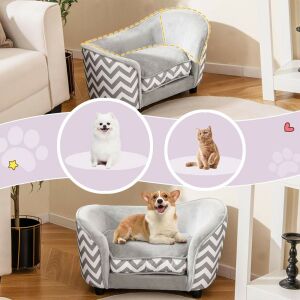 Colaj cu câini și pisici mici care folosesc o canapea pentru animale de companie Kisállat kanapé gri și albă în zig-zag - Paturi pentru câini