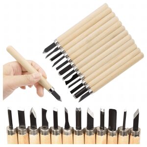 12 darabos vésőkészlet, fafaragó vésők fa nyéllel