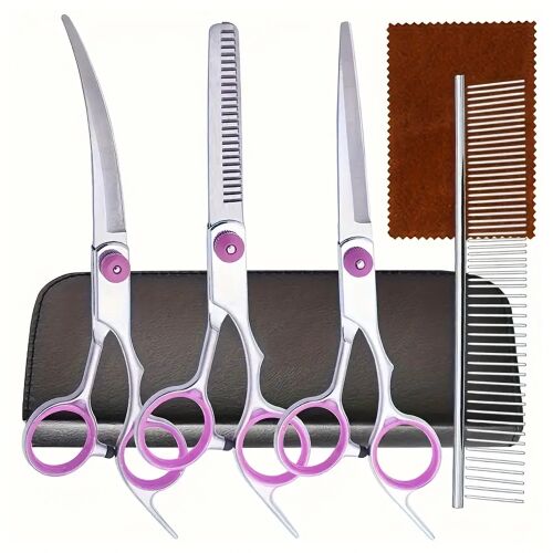Kutyakozmetikai ollókészlet egyenes, ívelt és ritkító ollókkal, fésűvel és tisztítókendővel.