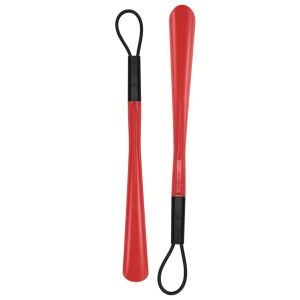 piros, rugalmas műanyag cipőkanál, 48 cm hosszú, akasztóval