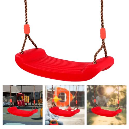 Kollázs a piros műanyag gyerek hintáról használat közben egy játszótéren