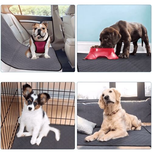 Koláž použití opakovane použiteľnej podložky: autosedačka, miska na jedlo, klietka, pohovka