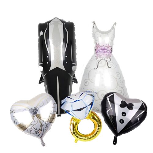 Esküvői lufi szett: menyasszonyi ruha, vőlegény öltöny, gyűrű, szívek
