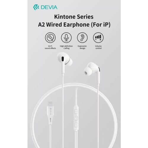 Devia Kintone A2 Lightning Vezetékes Fülhallgató - Fehér, Hi-Fi Hangzás, Ergonomikus Kialakítás - Devia