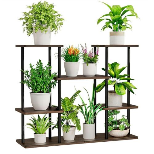 Fém virágtartó állvány, fekete/rusztikus fa, LEDER 142277674