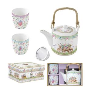 R2S.1467SPBL Porcelán teáskanna 600ml, fémszürővel, 2 porcelánpohárral 160ml, dobozban,Spring Bloom 142289316 - Konyha & Étkezés