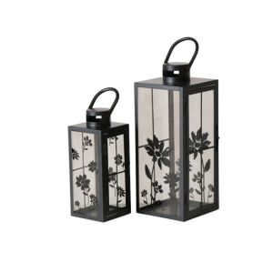 B.G.2055898 Lanternszett, virágos fekete fém és üveg, 10x10x25,5/14x14x35,5cm, Esra 142289575 - Gyertyatartó