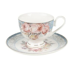 CLEEF.PECKS-2 Porceláncsésze+alj 200ml, kék-rózsaszín rózsás 142289711 - Teáscsésze