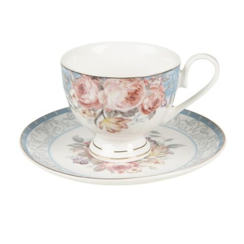 CLEEF.PECKS-2 Porceláncsésze+alj 200ml, kék-rózsaszín rózsás 142289711