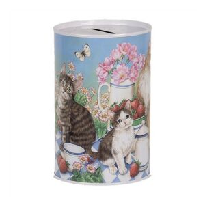 CLEEF.6BL0167 Persely fémdoboz 8x13cm, macskák kék kockás pléden 142289732 - Persely