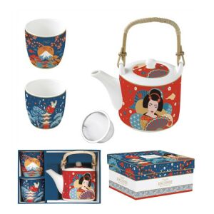 R2S.1467TOKY Porcelán teáskanna 600ml, fémszűrővel, 2 porcelánpohárral 160ml, dobozban, Tokyo, Atmosphere 142290024 - Konyha & Étkezés