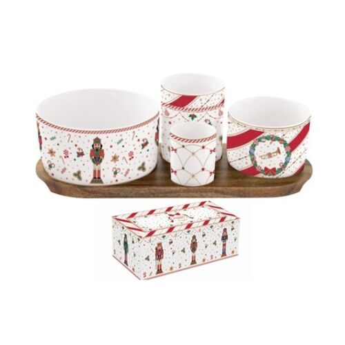 R2S.2073NTWI Porcelán kínálótálka szett 4db-os(dia:11,5/8/6,5/4,5cm),akácfa tálcán 29x13cm, dobozban, Nutcracker Twist 142290027