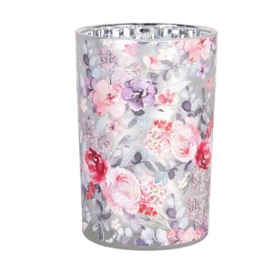CLEEF.6GL4971 Üveg mécses/gyertyatartó 12x18cm, rózsaszín rózsás 142290290 - Gyertyatartó