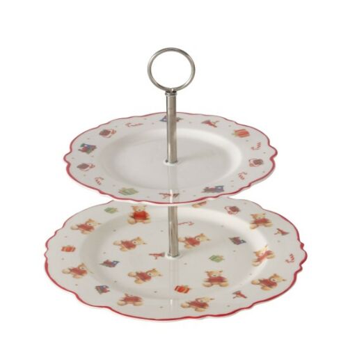 B.G.2059218 Porcelán süteménykínáló 2 emeletes, 23,5x27cm, piros pulcsis macival, Bailey