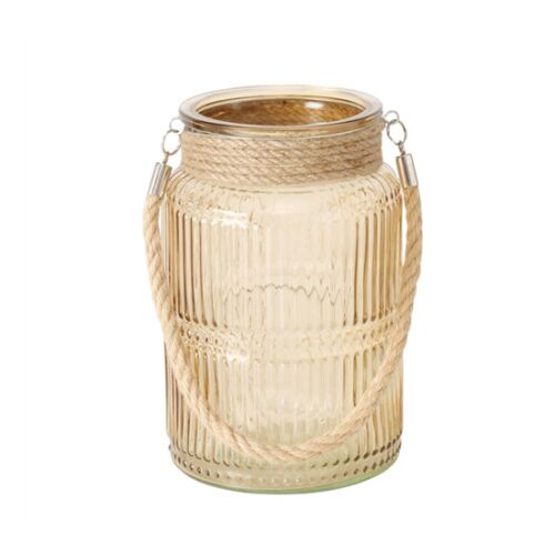 B.G.2054680 Bézs bordásüveg mécsestartó kötélfüllel, 21x13,5cm 142291274