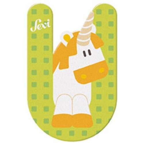 Drewniana litera U Sevi z wzorem jednorożca, zielone tło